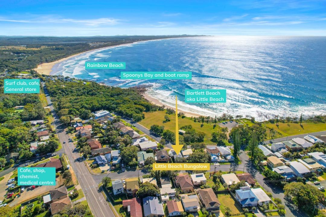 Birds eye shot, great location opposite Bartlett Beach, close to shops and cafes. Little beach Bungalow